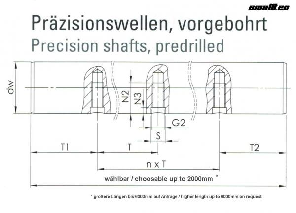 Precision shaft Ø 40h6 in Cf53, predrilled M10 x 17 in pitches of 300mm-S